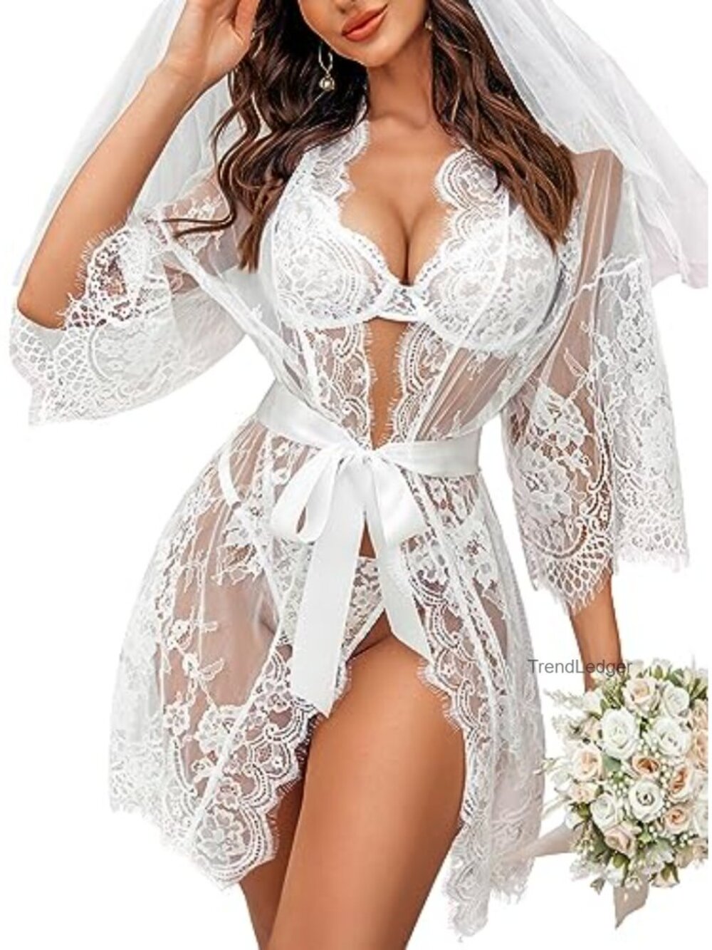Lace Kimono Robe Babydoll Lingerie Mesh Nightgown with G-String Belt